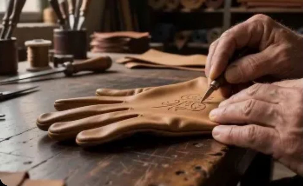 A glovemaker's hands engraving a motif on tan leather in a Grasse workshop